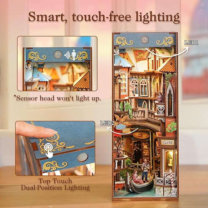 Tonecheer DIY Book Nook Kit for Adults, 3D Wooden Puzzle Bookend Miniature House Kit, Booknook Bookshelf Insert Decor with Dust Cover and LED Lights Gifts (Venetian Dreams)