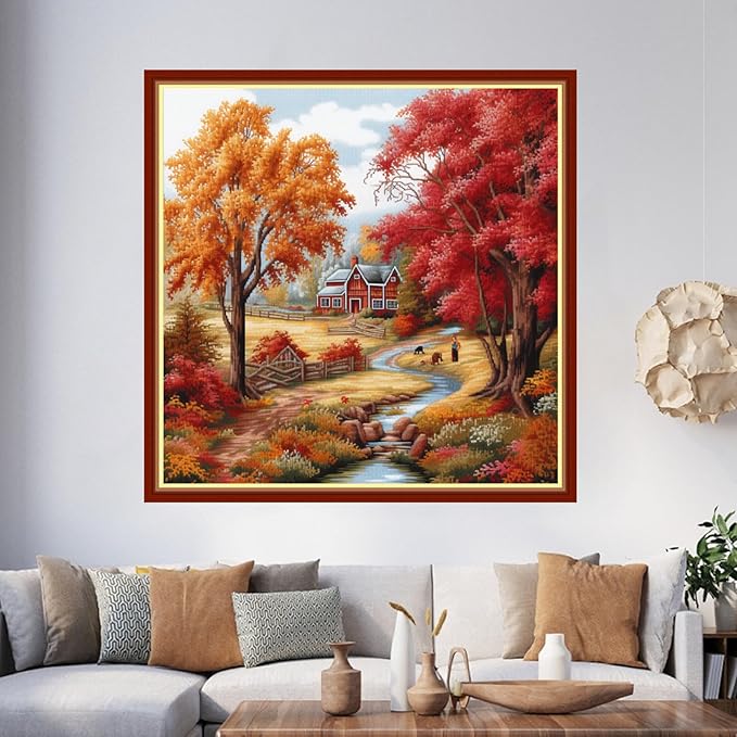 Foxhool Beginners Cross Stitch Kits Stamped Full Range of Embroidery Kits for Adults DIY Cross Stitches kit Embroidery Patterns for Needlepoint kit-Autumnal Scenery 17.7x17.7 inch