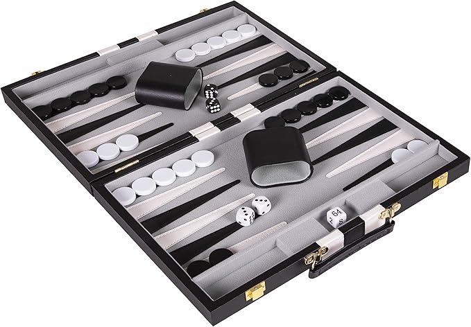 Backgammon Sets for Adults with Premium Leather Case | Classic Travel Backgammon Set for Adults and Kids with Strategy & Guide | 15 Inches | Medium | Black