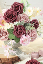 Floroom Artificial Flowers 25pcs Real Looking Cinnamon Rose & Shabby Pink Foam Fake Roses with Stems for DIY Wedding Bouquets Bridal Shower Centerpieces Floral Arrangements Party Tables Decorations