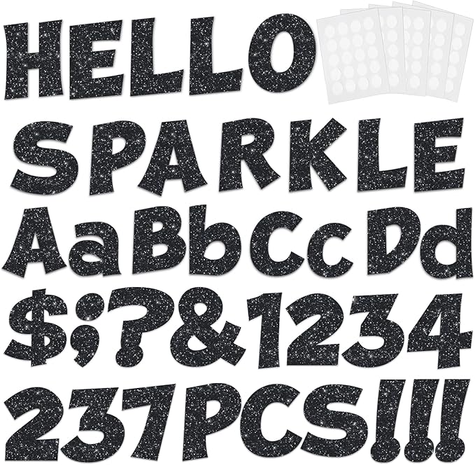 237 Pcs Glitter Bulletin Board Letters, Numbers and Punctuation, Poster Board Letters Alphabet Cut Out Cardboard Letters Accessories for Classroom Display Decorating Supplies 4inch (Black)