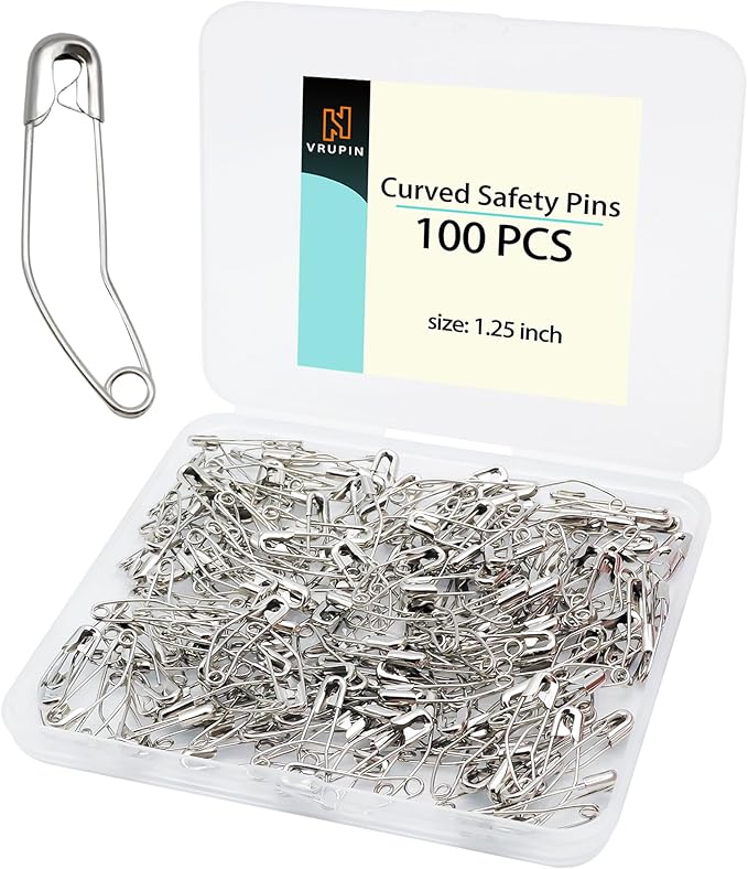 vrupin 100pcs Stainless Steel Curved Safety Pins for Quilting, Safety Pins Bulk Metal Silver Sewing Pins Clothing Clips Tool Decorative Safety pins (1.25inch)