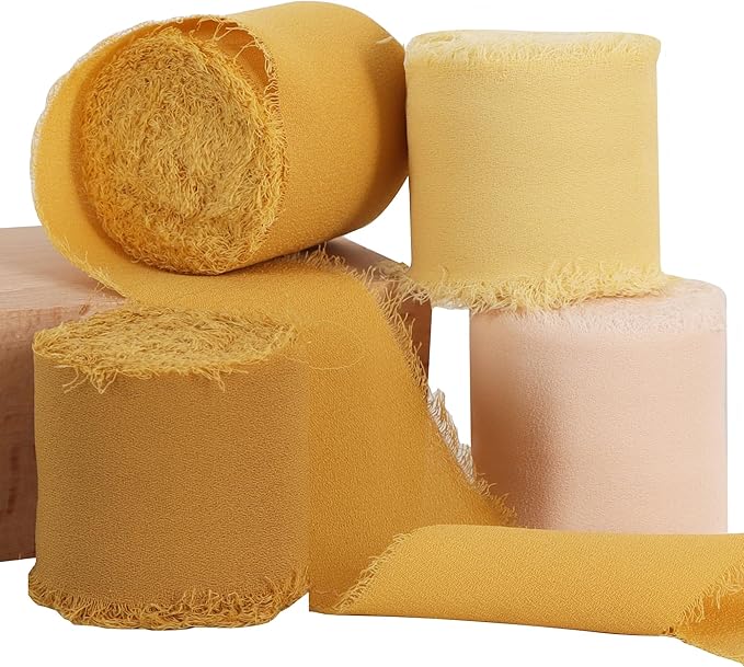 TONIFUL 4 Rolls Silk Chiffon Ribbon, 1-1/2 Inch x 22yds, Gold Chiffon Ribbons Set, Handmade Fringe Silk Ribbon for Gift Wrapping Bridal Bouquets Wedding Invitations Decoration Crafts