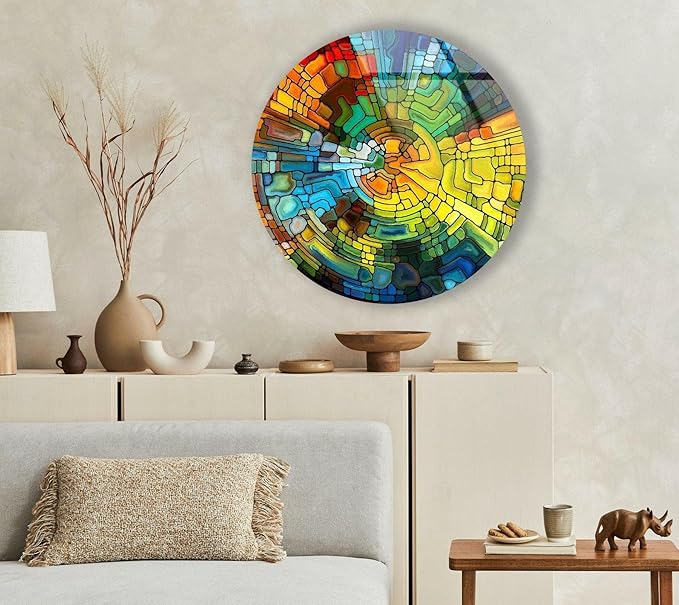 My Photostation.com 20''(50cm) Diameter Stained Yellow Round Glass Wall Art Tempered Glass Printing Wall Decor Large Wall Art Wall Hangings