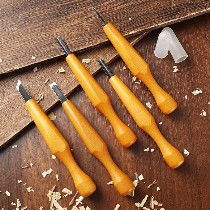 WILLBOND 5 Pcs Linocut Carving Tools Set Linoleum Hand Carving Tools Wood Carving Knife Chisel Flat V Shaped Angled Gouge Half Round Carving Tools Set for Linocut Printmaking Woodcarving Woodblock