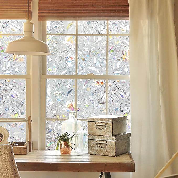 NINETREX Window Privacy Film,3D Stained Glass Window Film,Decorative Window Covering Sun Blocking Vinyl Static Cling Anti-UV Heat Control for Home Decor,Tulip 29.5 x 78.7inch