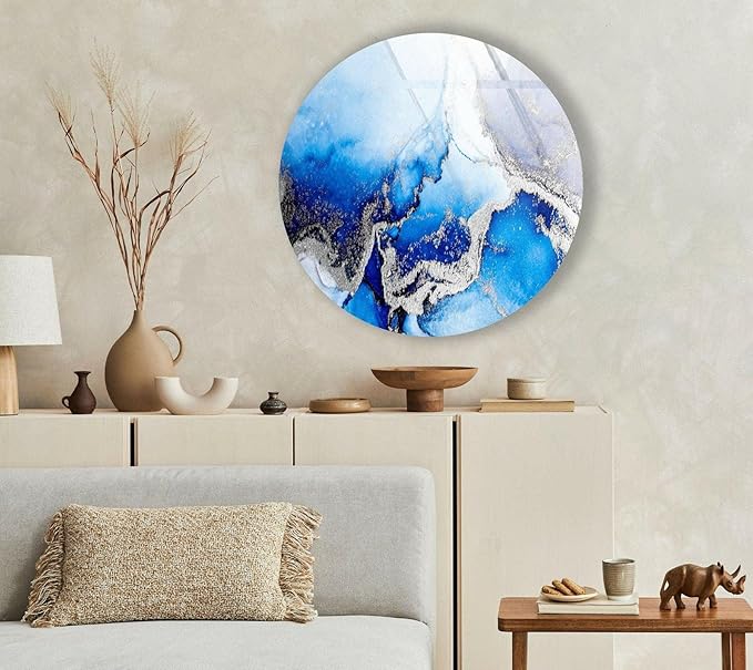 My Photostation.com 24''(60cm) Diameter Blue Marble Round with Silver Details Glass Wall Art Tempered Glass Printing Wall Decor Large Wall Art Wall Hangings