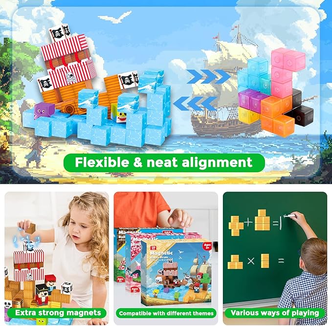 Magnetic Blocks - 100PCS Build Pirate-Ship World Set - Magnetic Building Cube Stacking, STEM Montessori Sensory Toys for Kids Boys Girls Ages 3 4 5 6 7 8 9 10 Easter Birthday Gifts
