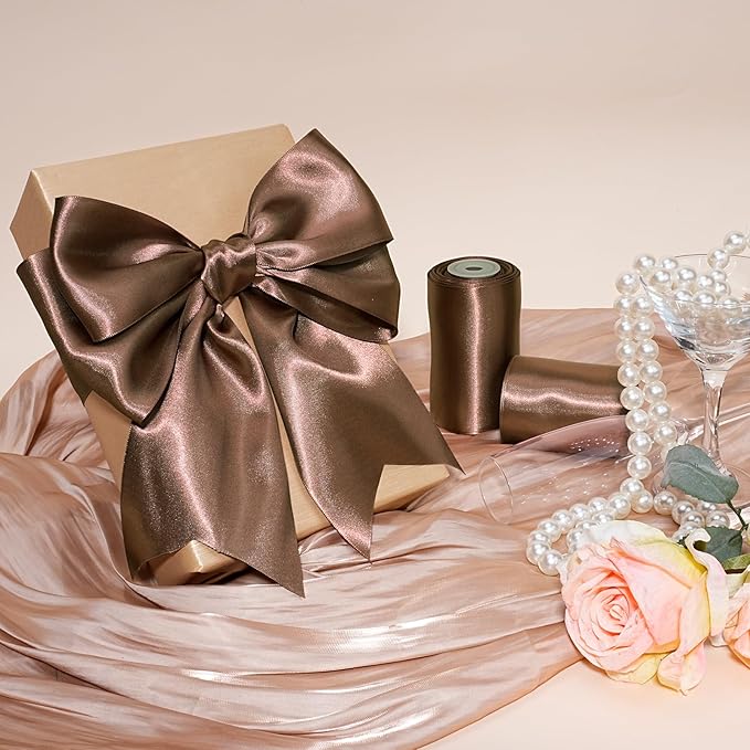 LaRibbons Brown Satin Ribbon 4 Inch 10 Yards Double Faced Luxury Mocha Silk Ribbon for Gift Wrapping Flower Bouquets Bow Christmas Wedding Party Decoration