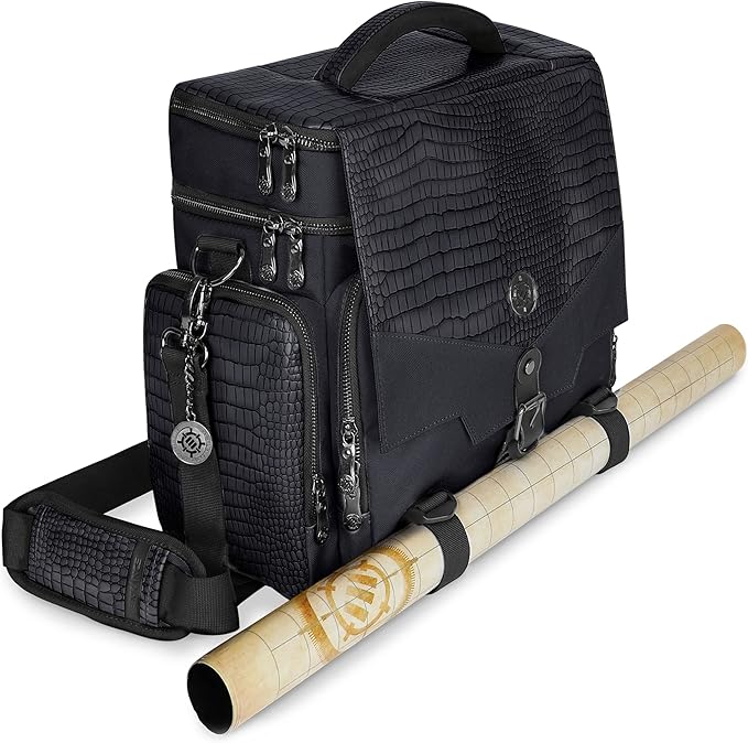 ENHANCE Collector's Edition RPG Adventurer's DND Bag - Dragon Hide Exterior Travel RPG Bag with Tabletop Miniatures Storage Vault, Mat Holder, DND Dice & Token Pockets, Fits 4-8 Books (Dragon Black)