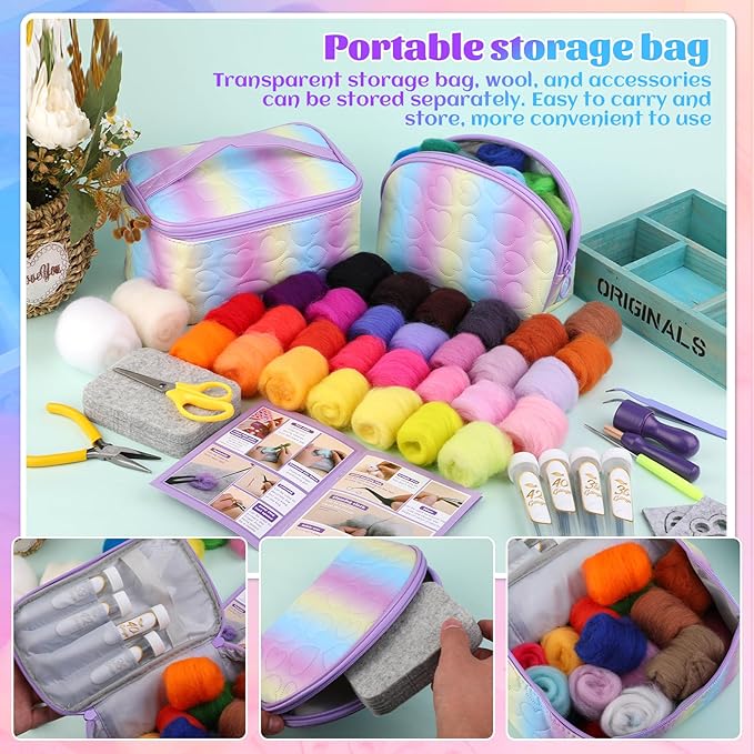 Mayboos Needle Felting Kit, 50 Colors Wool Roving Set, Needle Felting Starter Kit for Beginners with Wool Felting Tool Mat Needle Felting Supplies for DIY Crafts Home Decoration