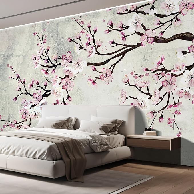wall26 - Large Wall Mural - Watercolor Style Ink Painting Pink Cherry Blossom on Vintage Wall Background | Self-Adhesive Vinyl Wallpaper/Removable Modern Wall Decor - 66x96 inches