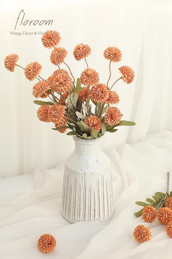 Floroom 5pcs Burnt Orange Faux Silk Mums Artificial Flowers, Bulk Fake Small Mini Chrysanthemums with Stems for DIY Terracotta Wedding Centerpieces Floral Arrangements Vase Fillers Home Decorations