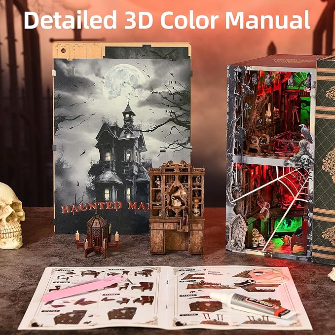 Haunted House Halloween Book Nook Kit, Spooky Shelf Insert Bookshelf Diorama Horror Art Miniature Decor, Creepy Scary Wooden Puzzle Booknook (Haunted Mansion)