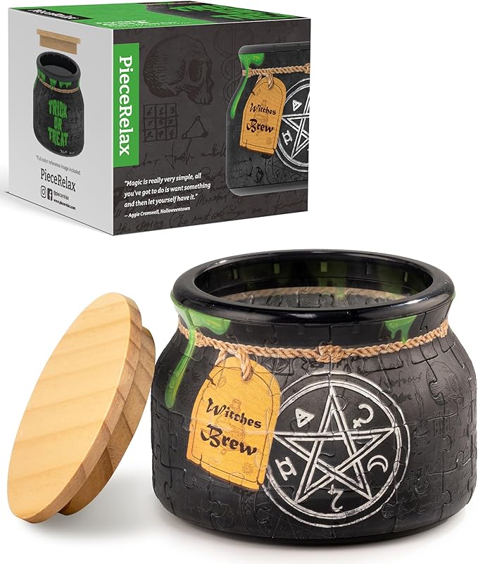 PieceRelax 3D Puzzle Jar 64 Plastic Pieces for Adults - Witches Brew - Wooden Lid Container for Kitchen Dining Study Living Room No Glue Requied Small [BC1022]