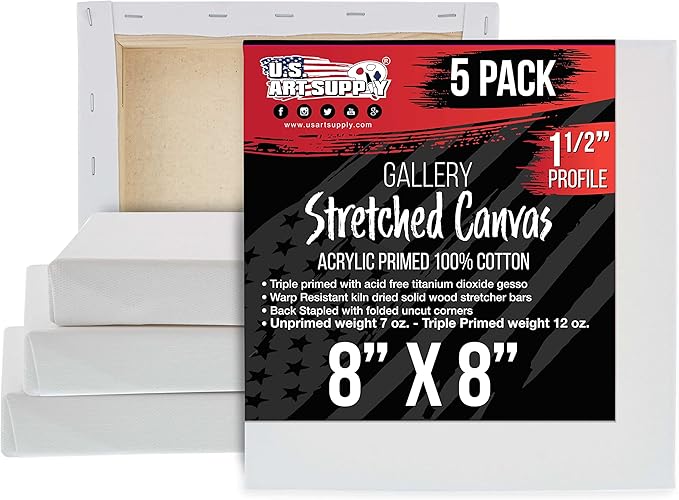 U.S. Art Supply Square Stretched Canvas for Painting 8x8 inch Gallery Depth 1-1/2" Thick, 5-Pack - 12oz Acrylic Gesso Triple Primed, Professional Artist Quality, 100% Cotton - Pouring, Oil Paint
