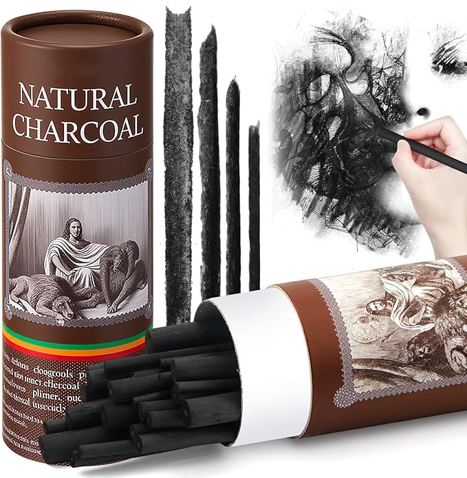 Gueevin 24 Pcs Willow Charcoal Sticks, Willow Charcoal, Artists, Beginners, Students, Perfect for Sketching, Drawing, Shading, and Fine Art Christmas Gifts for Art (2-4mm，4-5mm，5-7mm，7-9mm)