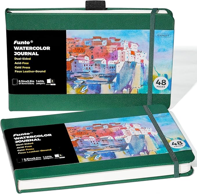 Funto Watercolor Journal, 8.5x5.5, 2 Pack, 48 Pages Each, Green Leather Cover, Cold-Pressed, Inner Paper Pocket, Art Supplies for Mixed Media