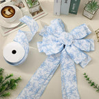 Blue Floral Bow Wired Edge Ribbon Chinoiserie Flower Bowknot Fabric Ribbon for DIY Crafts Wreath Bow Making Supplies, 12 Yard