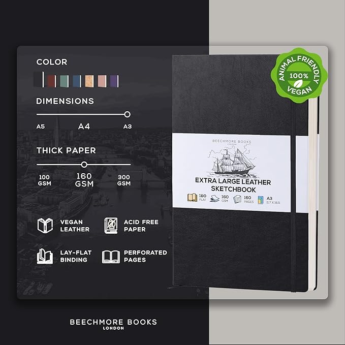 Beechmore Books A3 Sketchbook – 11.7x16.5 Premium Vegan Leather Bound Extra Large Sketch Book Hardcover, 160gsm 160 Perforated Ivory Pages, Blank Sketch Pad, Gift Boxed, Back Pocket, Ribbon Bookmark
