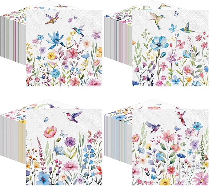 Fulmoon 200 Pieces Summer Floral Cocktail Napkins Disposable Flower Dessert Paper Napkins Bulk Wildflower Hummingbird Decoupage Beverage Towel for Summer Tea Party Dinner Table Decorative Supplies