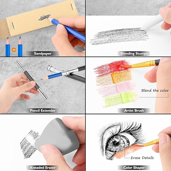 Caliart 176PCS Art Supplies Sketching Kit with 100 Sheets 3-Color Sketch Book, Graphite Colored Charcoal Watercolor & Metallic Pencils, Drawing Supplies Christmas Gifts for Artists Adults Beginners