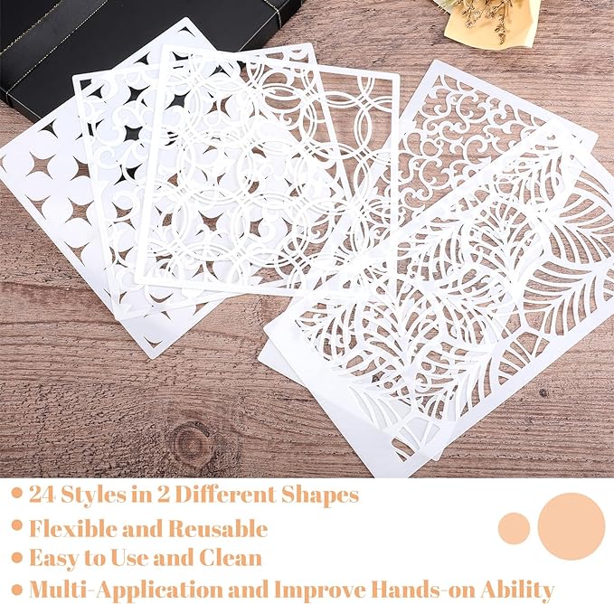 WSICSE 24Pcs Stencils for Painting, Reusable Geometric Painting Stencils Abstract Layering Stencil for Painting on Wood Canvas Furniture Floor Decor DIY Supplies, white