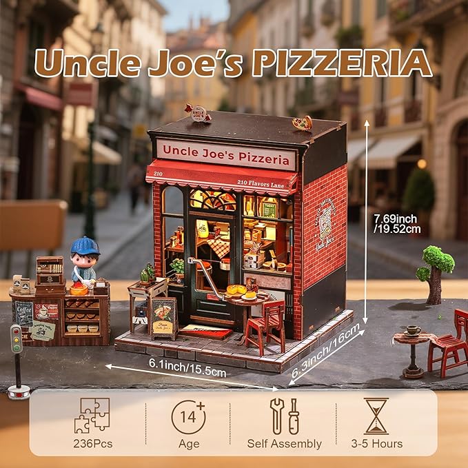 Fsolis Book Nook Kit - 3D Wood Puzzles for Adults, 285 pcs, DIY Bookshelf Scene Miniature Kit, Tiny House Mini Craft Model Gifts for Women (Uncle Joe's Pizzeria)