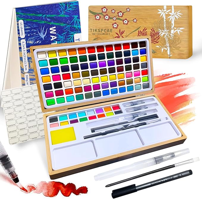 Watercolor Paint Set,100 Colors in Nature Bamboo Box,Portable Water Colors Kit with Papers and Brush Pens,Great for Kids Adults Beginners & Professionals