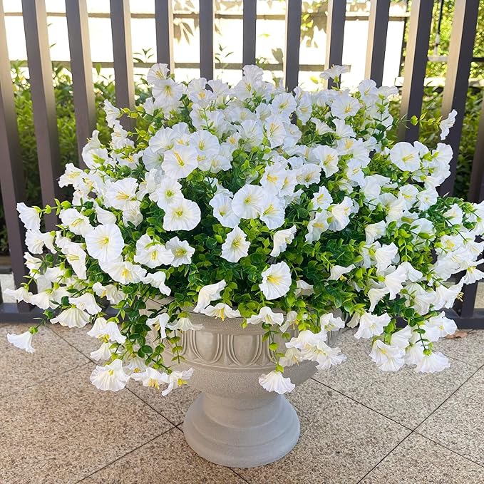 Artificial Fake Flowers For Outdoor Outside Decoration,16 Bundles UV Resistant Faux Plastic White Flowers with Green Eucalyptus Stem Plants Bulk Look Real for Home Porch yard Patio Planters (White)