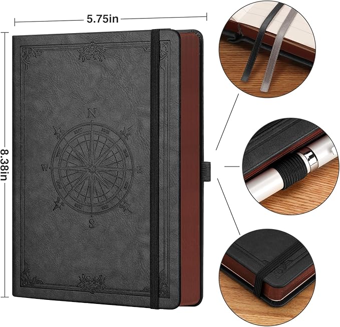 AHGXG Thick Journal Dotted Notebook for Men - 320 Numbered Pages A5 Notebook for Writing, 100gsm Dot Paper, Vintage Leather Hardcover, for Women Work Office School, 5.75'' X 8.38''- Black