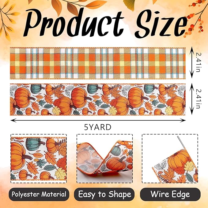 2 Rolls 2.5 Inch x 10 Yards Thanksgiving Fall Wired Ribbon for Craft Wreath Bow Making Pumpkin Autumn Leaves Ribbon Orange Plaid Burlap Ribbon for Wrapping Thanksgiving Party Home Decoration