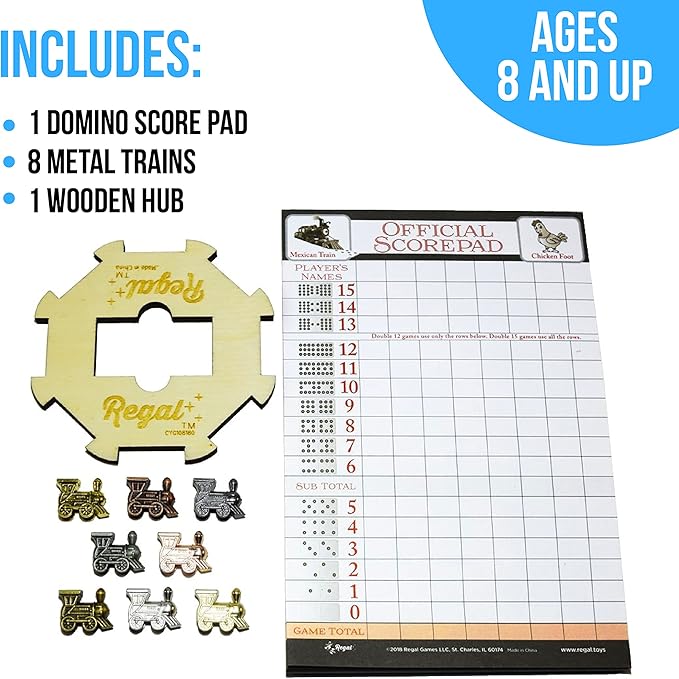 Regal Games Mexican Train Domino Expansion Set - 8 Metal Marker Trains with Unique Finishes - Replacement Wooden Hub - Scoresheet
