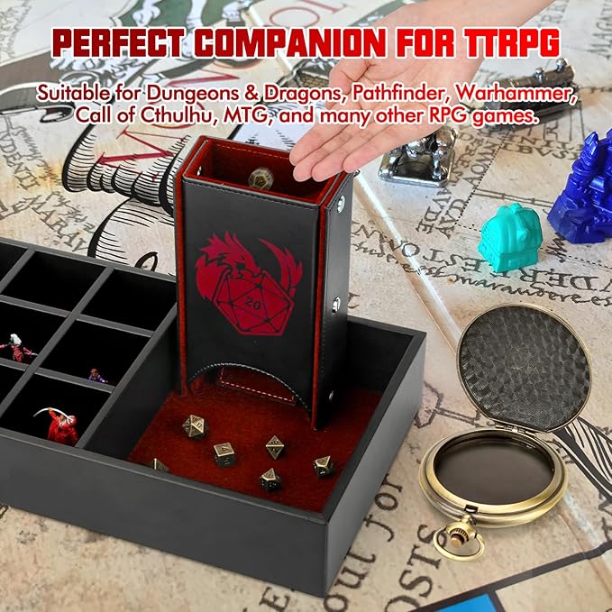 DND Dice Tray & Tower Storage Box, 4 in 1 D&D Dice Holder Case (Dice Rolling Tray, Dice Roller Tower, Dice & Miniature Storage), Great RPG Accessories Gifts for Dungeons and Dragons MTG DM & Player
