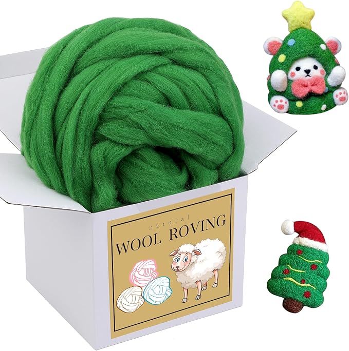 Wool Roving Bulk - 8.82oz Super Wool Chunky Yarn, Wool Roving Top for Needle Felting, Soft Felting Wool Supplies for Hand Spinning, Blending, Weaving and DIY Craft (Grass Green)