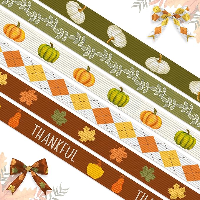 6 Rolls 30 Yards Thanksgiving Fall Ribbons Autumn Harvest Ribbons for Craft Wrapping Orange Pumpkin Maple Leaf Grosgrain Ribbon for Wreath Bows Thanksgiving Party Home Decoration 3/8 Inch
