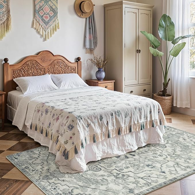 Lahome Area Rug 4x6 Bohemian Vintage Washable Boho Rugs for Bedroom Aesthetic, Beige Rugs for Living Room, Floral Medallion Soft Non-Slip Non-Shedding Faux Wool Rug for Entryway Kitchen Dining Table