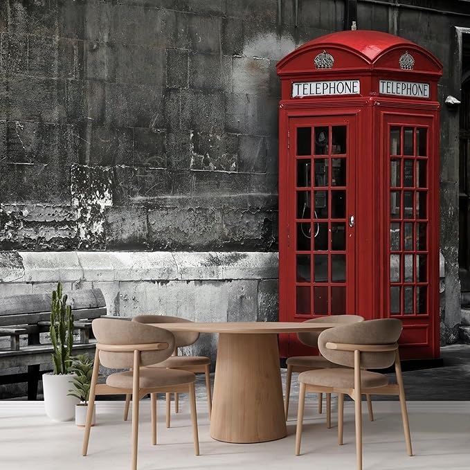 wall26 Wall Sticker/Wall Mural British Phone Booth in London, Not Peel and Stick, Non-Woven Wallpaper Decorative for Bedroom, Living Room, Office - 120x168 inches