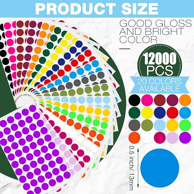Thenshop 12000 Pcs 1/2 Inch Round Colored Circle Dot Sticker Label 20 Assorted Colors Adhesive Circle Dot Label Coding Sticker for Coloring Marking Organizing
