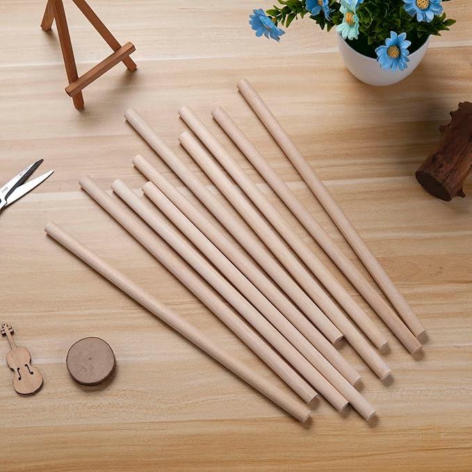 Wooden Dowel Rods Wood Dowels, 10PCS 1/2 x 12 Round Wooden Sticks for Crafts, Macrame Dowels, Unfinished Hardwood Sticks for Crafting, Arts and DIYers, Tiered Cake Support and Wedding Ribbon Wands