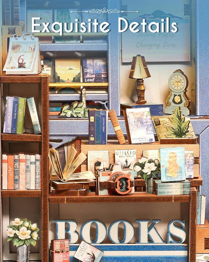 Cutefun Book Nook Kit - DIY Miniature Dollhouse Kit 3D Creative Decorative Bookend 3D Wooden Puzzle for Adults, Bookshelf Insert Library Decor with LED Light (Literature Bookstore)