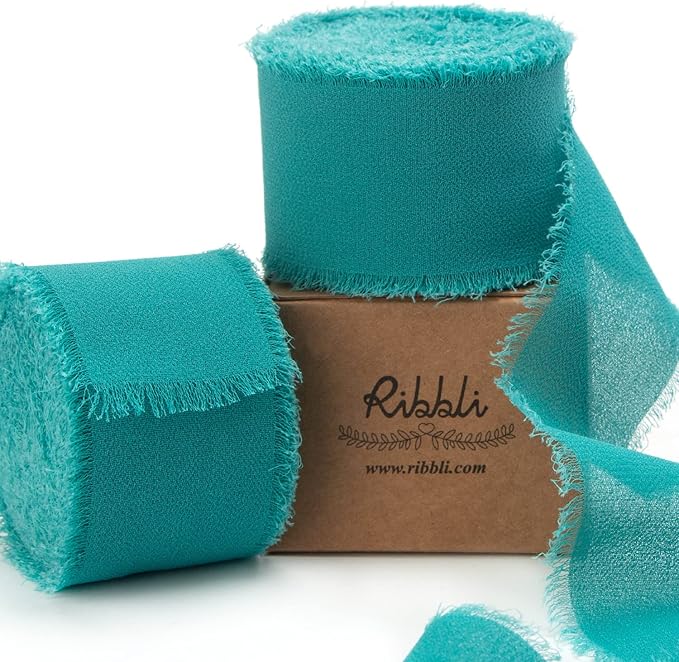 Ribbli Teal Chiffon Silk Ribbon - 1-1/2 inch x 20 Yard Handmade Fringe, Perfect for Weddings, Home Decor