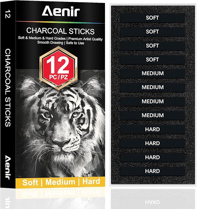 Compressed Charcoal Sticks Set of 12 – Soft, Medium, Hard Charcoal for Drawing, Sketching & Shading – Art Supplies for Artists, Beginners & Adults