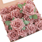 Floroom Artificial Flowers 16pcs 3.5" Real Looking Dusty Rose Foam Fake Hybrid Tea Roses with Stems for DIY Wedding Bouquets Bridal Shower Centerpieces Floral Arrangements Party Tables Home Decoration