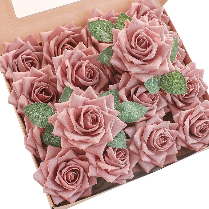 Floroom Artificial Flowers 16pcs 3.5" Real Looking Dusty Rose Foam Fake Hybrid Tea Roses with Stems for DIY Wedding Bouquets Bridal Shower Centerpieces Floral Arrangements Party Tables Home Decoration