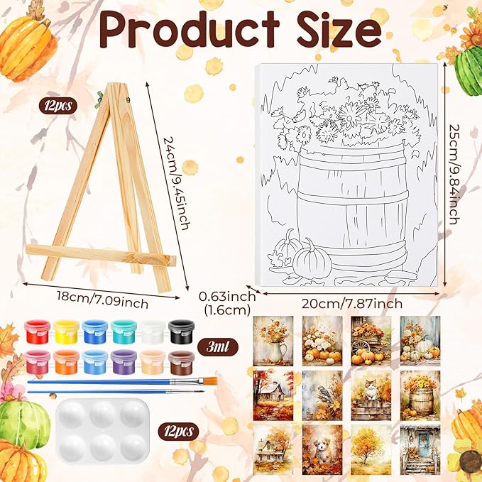 Zhanmai 12 Pack Pre Drawn Canvas for Painting Sip and Paint Kit 8" x 10" Paint Party Set Canvas Painting Pre Printed Canvases for Party Favor DIY Virtual Adult's Date Night (Harvest Autumn)