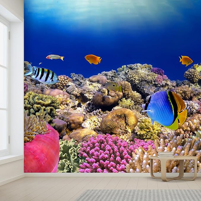 wall26 Removable Wall Sticker/Wall Mural Tropical Blue Fish Coral Reef Ocean Seascape Nature Wilderness Photography Nautical Landscape Decorative for Living Room, Bedroom, Office - 132x168 inches