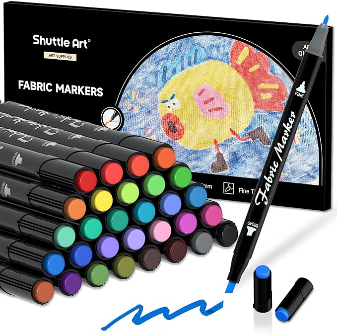 Shuttle Art Dual Tip Fabric Markers, 30 Colors Permanent No Bleed Pens for T-Shirts Sneakers, Non-Toxic & Child Safe for Kids Adult Painting Writing