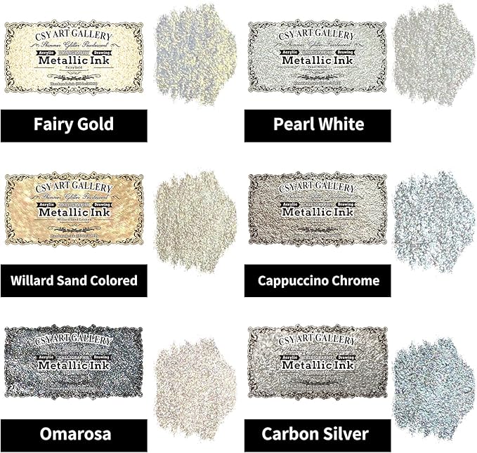 CSY art gallery Metallic -Pearlescent-Glitter Acrylic Ink -Shining Calligraphy Paint -Silver, Rose Gold Rich Pigments Perfect for Artists, Canvas, Rocks, Wood, Fabric, Ceramic (Galaxy Starlight Set)
