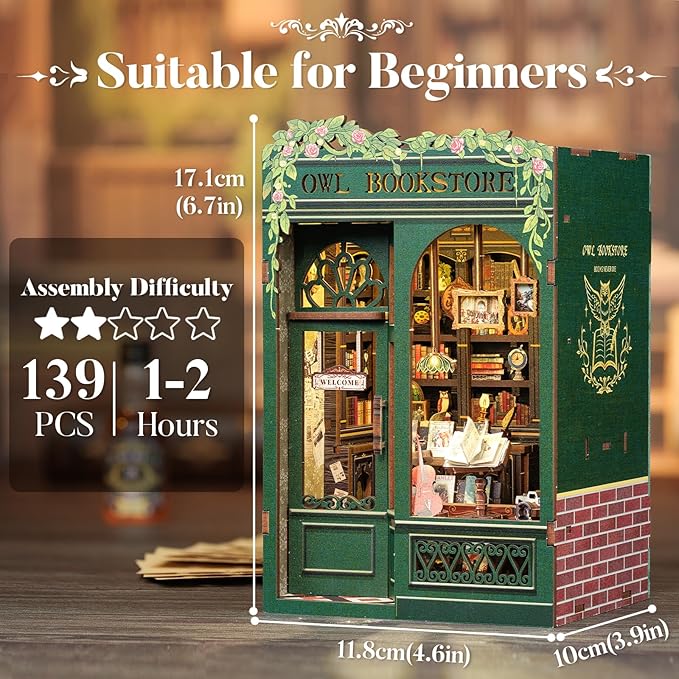 CUTEBEE Book Nook Kit - DIY Miniature House Kit for Adults, Teens and Beginners, Dollhouse Booknook Library Tiny House Bookshelf Decor 3D Wooden Puzzle, Gifts for Family, Friends (Owl Bookstore)